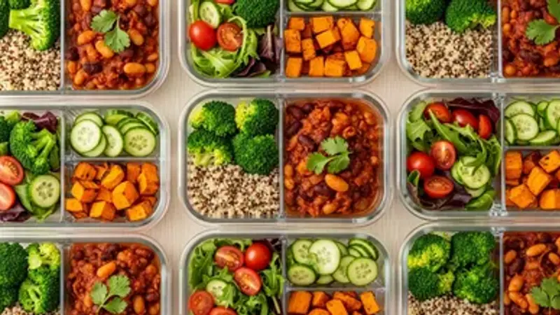 Plant-based pantry staples: oats, canned beans, brown rice, nutritional yeast, and olive oil on a kitchen counter